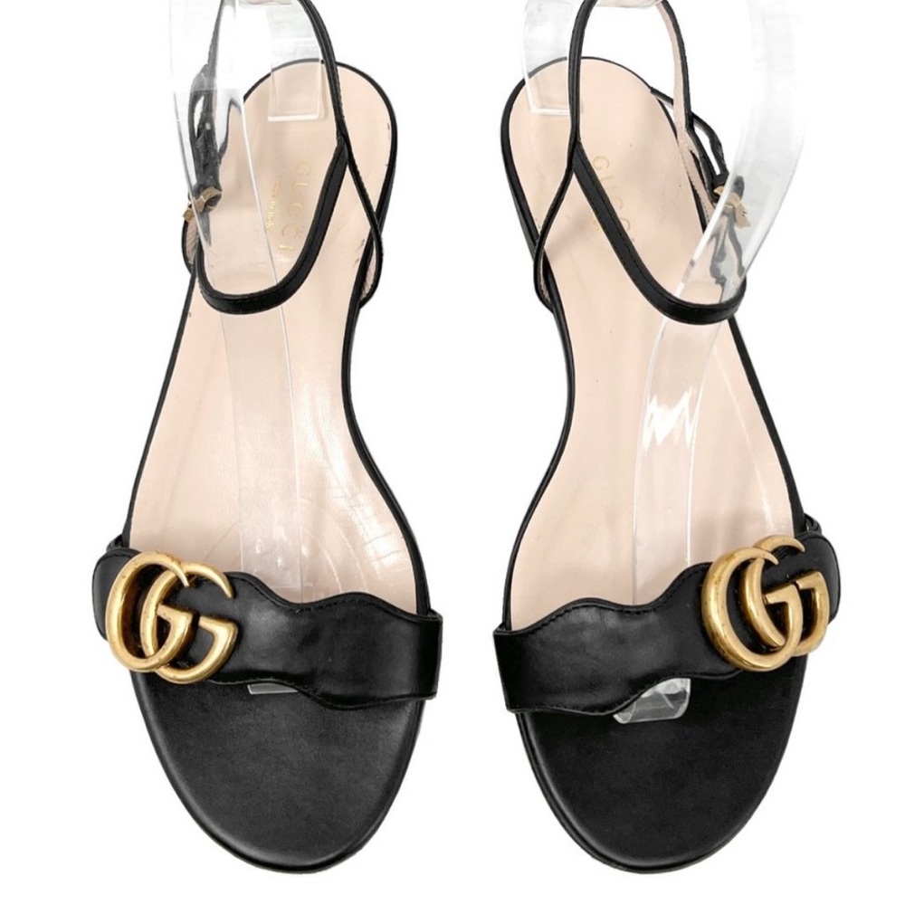Gucci GG Gold Logo Marmont Black Leather Flat Ankle Strap Shoes Sandals